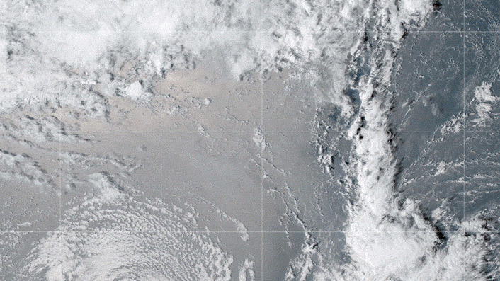The GOES-17 satellite captured images of an umbrella cloud generated by the underwater eruption of the Hunga Tonga-Hunga Ha’apai volcano on Jan. 15, 2022. Crescent-shaped bow shock waves and numerous lighting strikes are also visible.