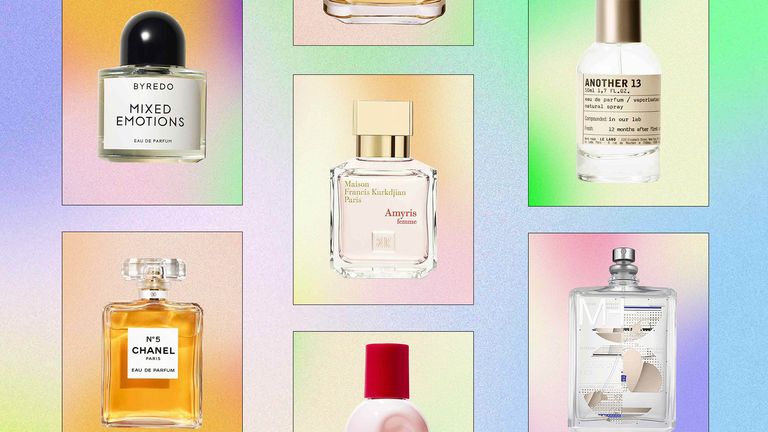 A selection of the best perfume for women 2021 is pictured, featuring the likes of Byredo-Chanel-Maison-Francis-Kurkdjian-Glossier Le Labo Escentric Molecules