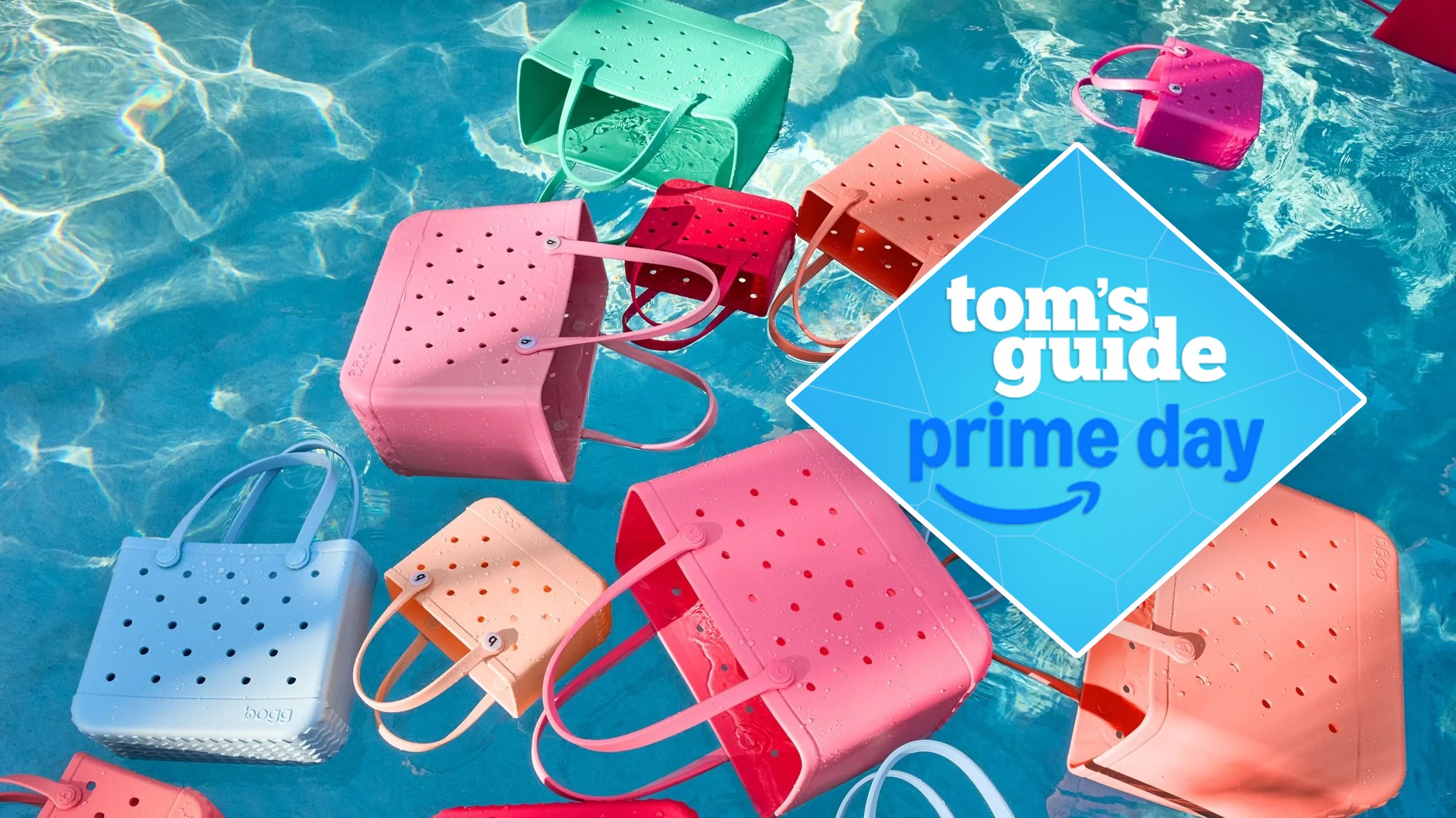 Bogg Bags floating in a pool with a Tom's Guide Prime Day deals badge on top