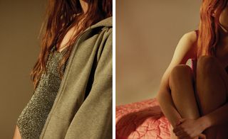 Two images, Left-Model wearing Green zip up top with glittery top underneath, Right- Model sat with her knees up