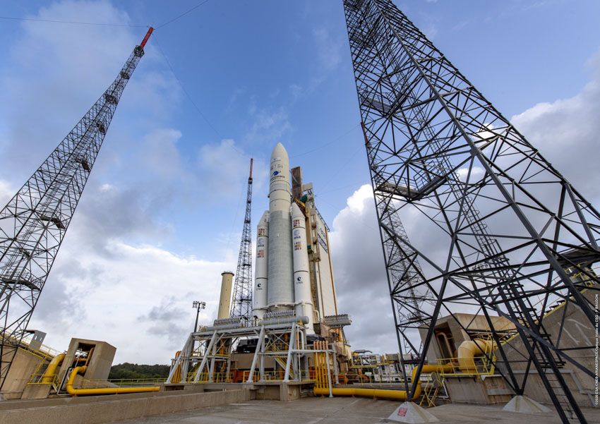 An Arianespace Ariane 5 rocket on the launch pad.