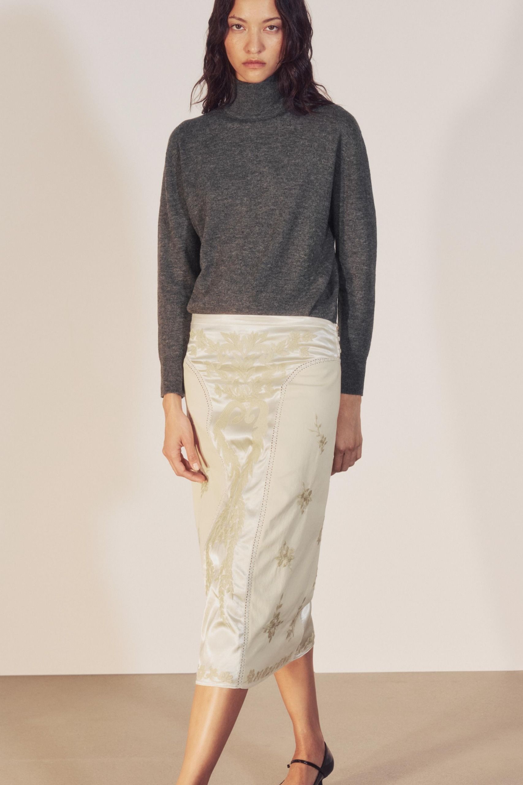 Zw Collection Embroidered Midi Skirt - Ecru - Xs