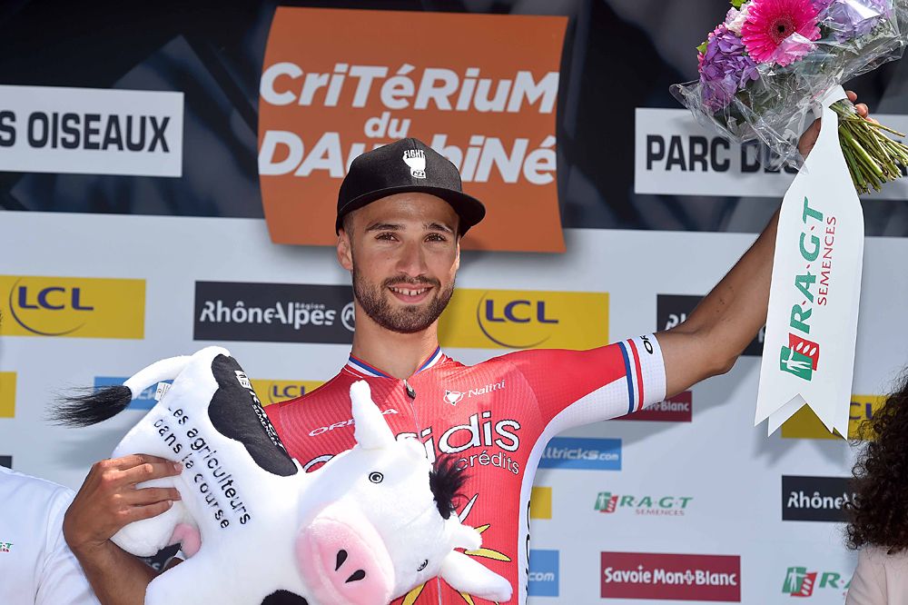 Nacer Bouhanni (Cofidis) celebrates stage 2 win on the podium