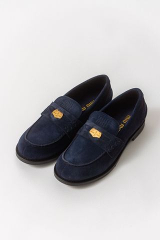 Miu Miu Logo Navy Suede Loafers (38 Eu)