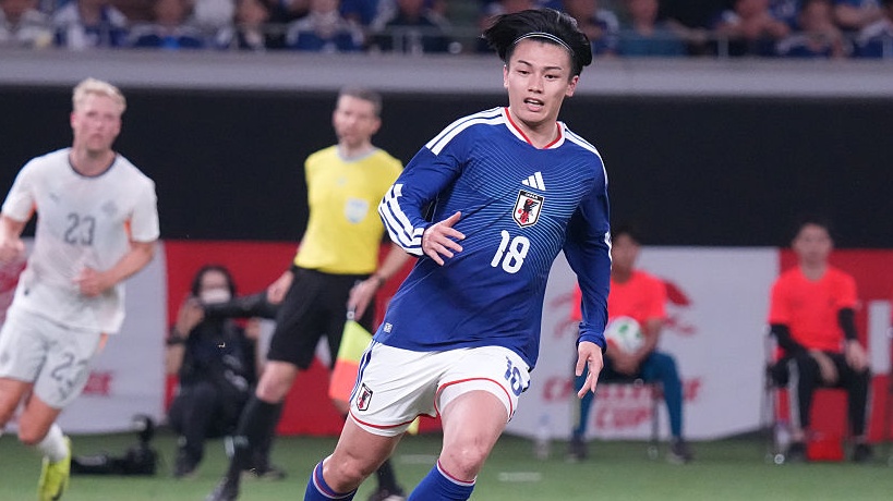 Ayase Ueda of Japan in action during the international friendly match between Japan and Iceland at MUFG Stadium on May 31, 2026 in Tokyo, Japan.  