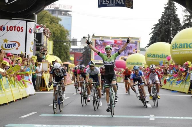 Theo Bos (Belkin) celebrates his win in stage 3 of Tour of Poland