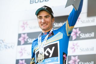 Race winner Gianni Moscon (Team Sky) waves from the podium