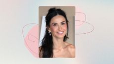 Demi Moore smiling with black straight hair in half up-half down style and wearing a strapless dress, on a pastel watercolour background with pink circles and swirl details