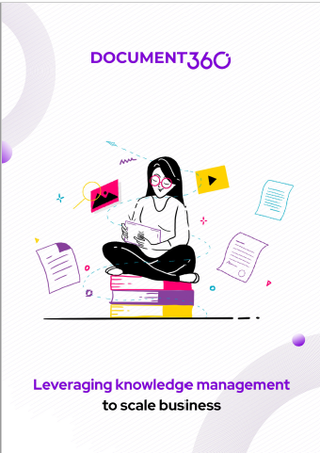 Woman sits on a stack of books with pages floating around her - Leveraging knowledge management to scale business - whitepaper from Document 360