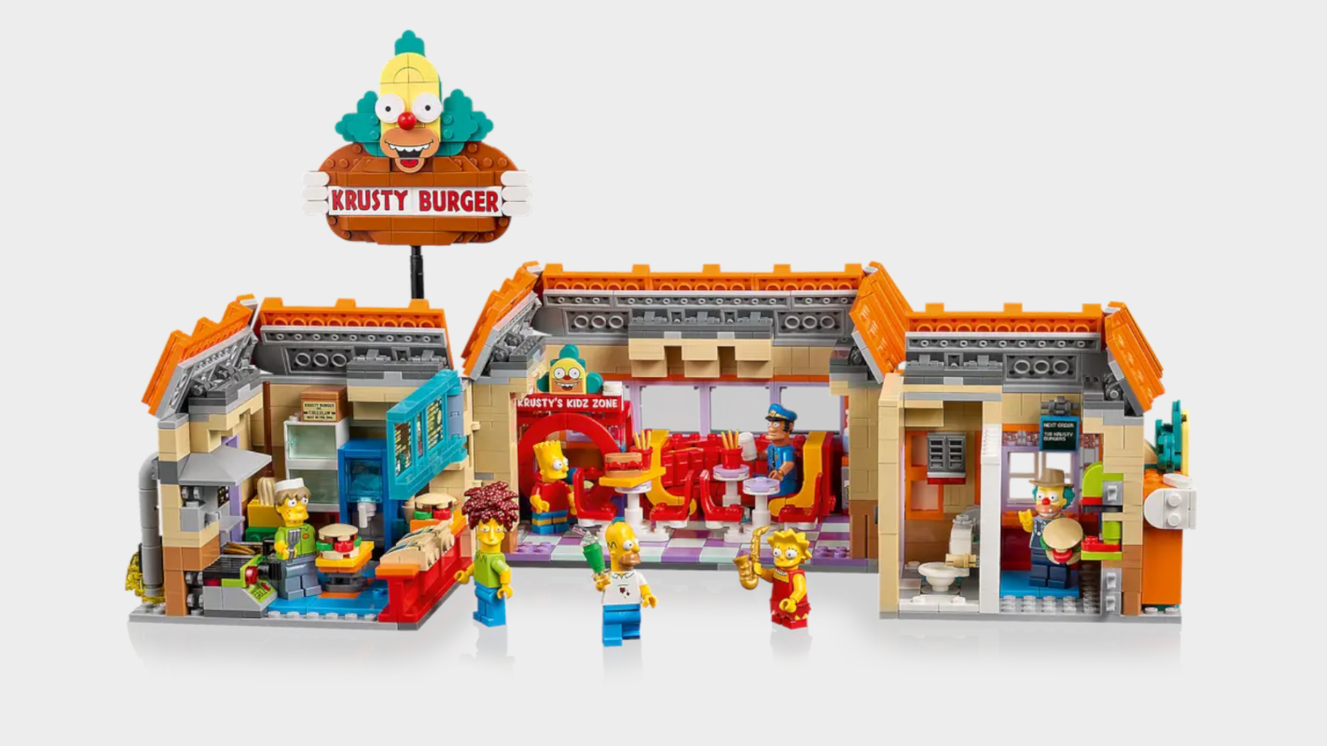 Lego Krusty Burger set and minifigures against a plain background