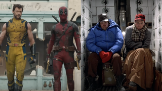 Deadpool and Wolverine from Deadpool 3 trailer/Steve Martin and John Candy in refrigerator truck scene in Planes Trains and Automobiles (side by side) 