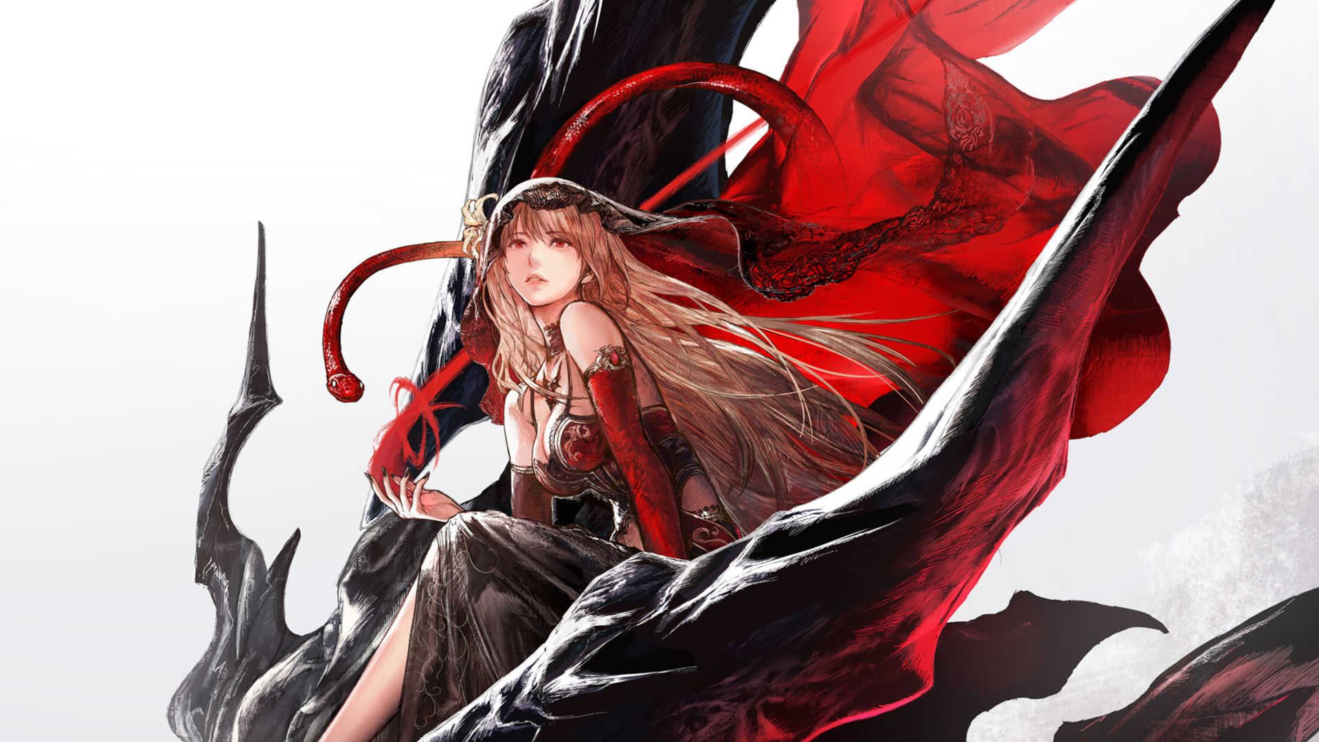 Key art for Final Fantasy Resonance showing a character sitting on top a black dragon