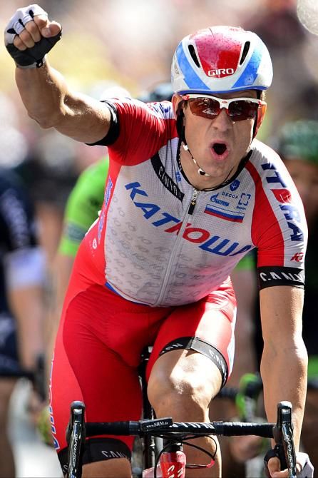 Alexander Kristoff (Katusha) celebrates stage win number 2 of the Tour de France