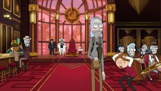 A bunch of Ricks in Western attire are seen with a few Mortys