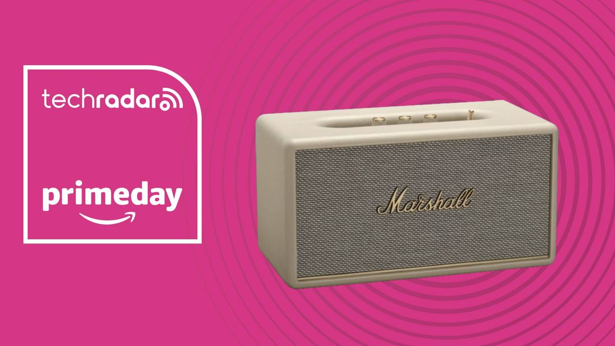 Marshall Stanmore III on magenta background with words &#039;TechRadar: Amazon Prime Day&#039; to the left of the speaker