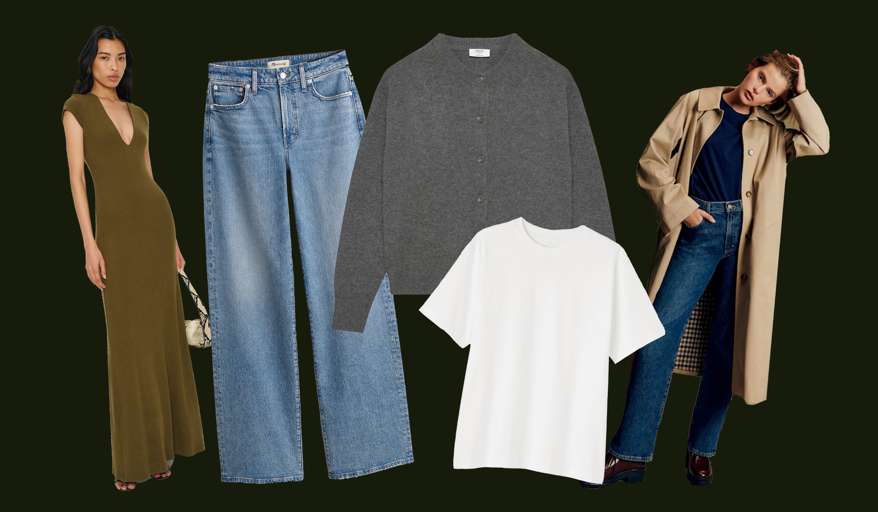 collage of dress, jeans, sweater, t-shirt, and trench coat