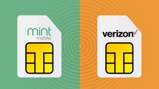 Mint Mobile and Verizon branded SIM cards on green and yellow background