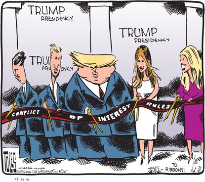 Political cartoon U.S. Donald Trump family conflict interest