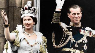Queen Elizabeth II and the Duke of Edinburgh on the day of their coronation, Buckingham Palace, 1953. (Colorised black and white print). Artist Unknown.