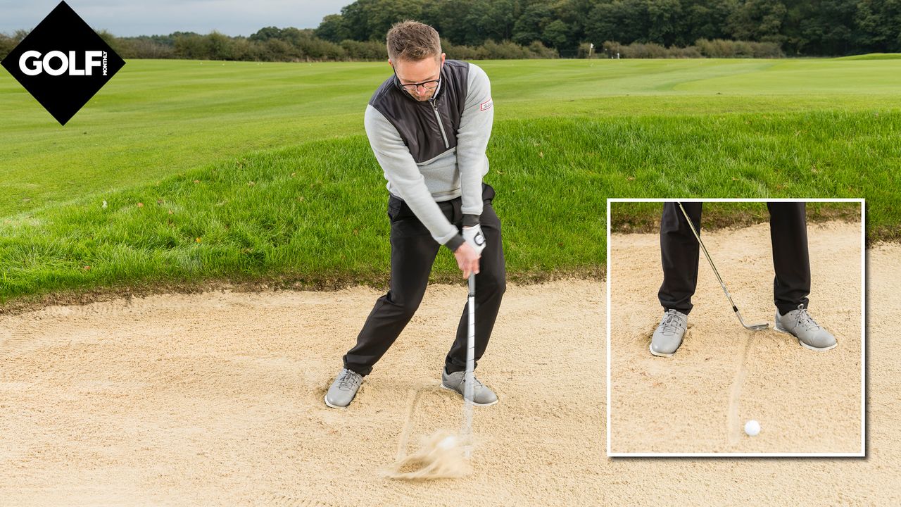 PGA pro Nick Drane hitting a bunker shot at Woburn