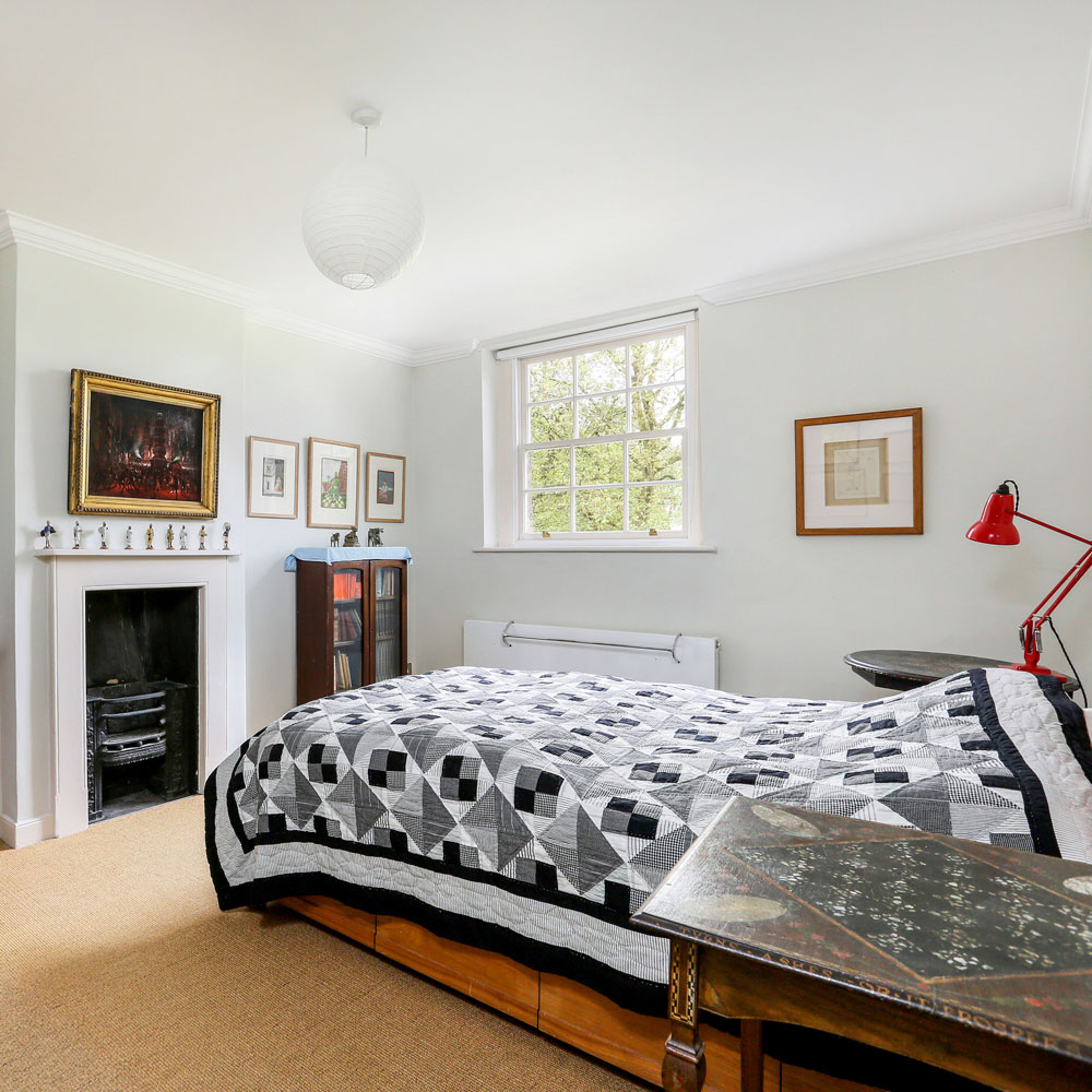 bedroom with white wall and bed