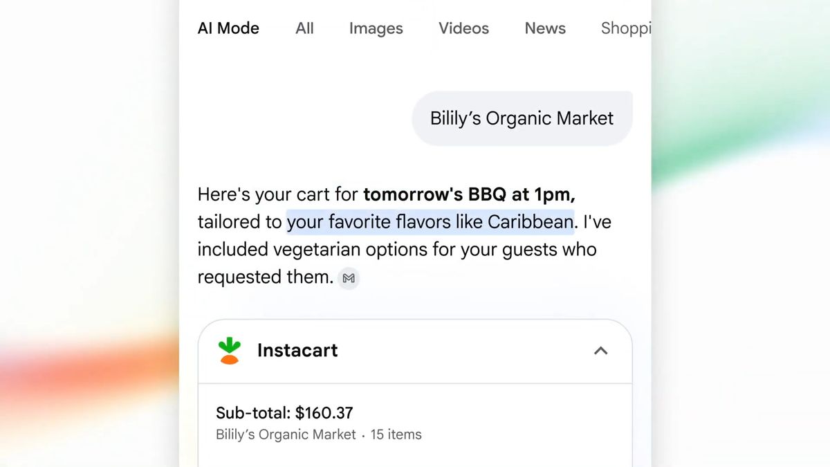 Connecting Instacart to Google's AI Mode lets users lean on the AI for grocery shopping. The AI will produce a list of its added groceries based on your grocery list.