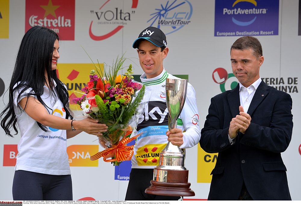 Richie Porte (Team Sky) presented with the winners flowers and trophy at Volta Ciclista a Catalunya