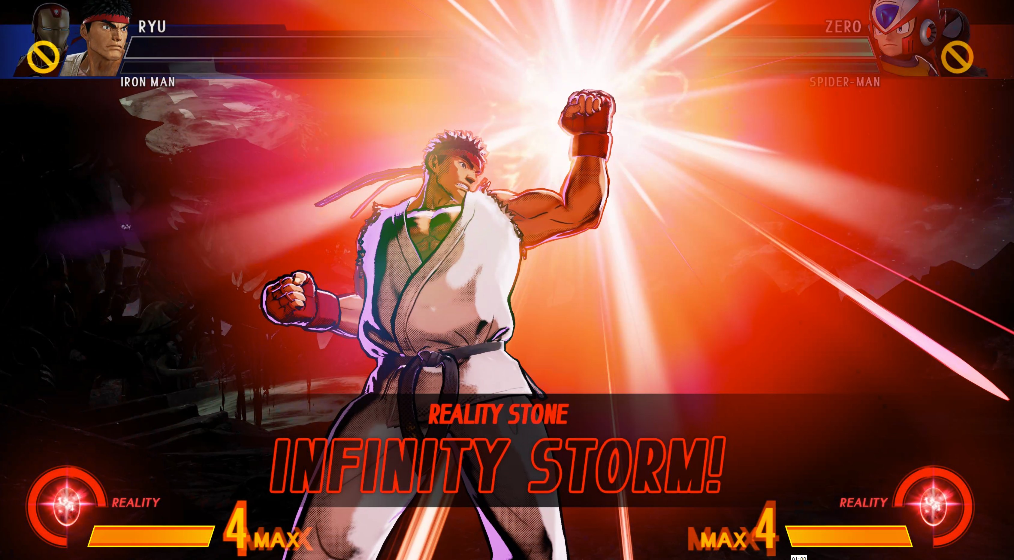 Modded Ryu from MVCI strikes a post, his fist glowing in victorious light.
