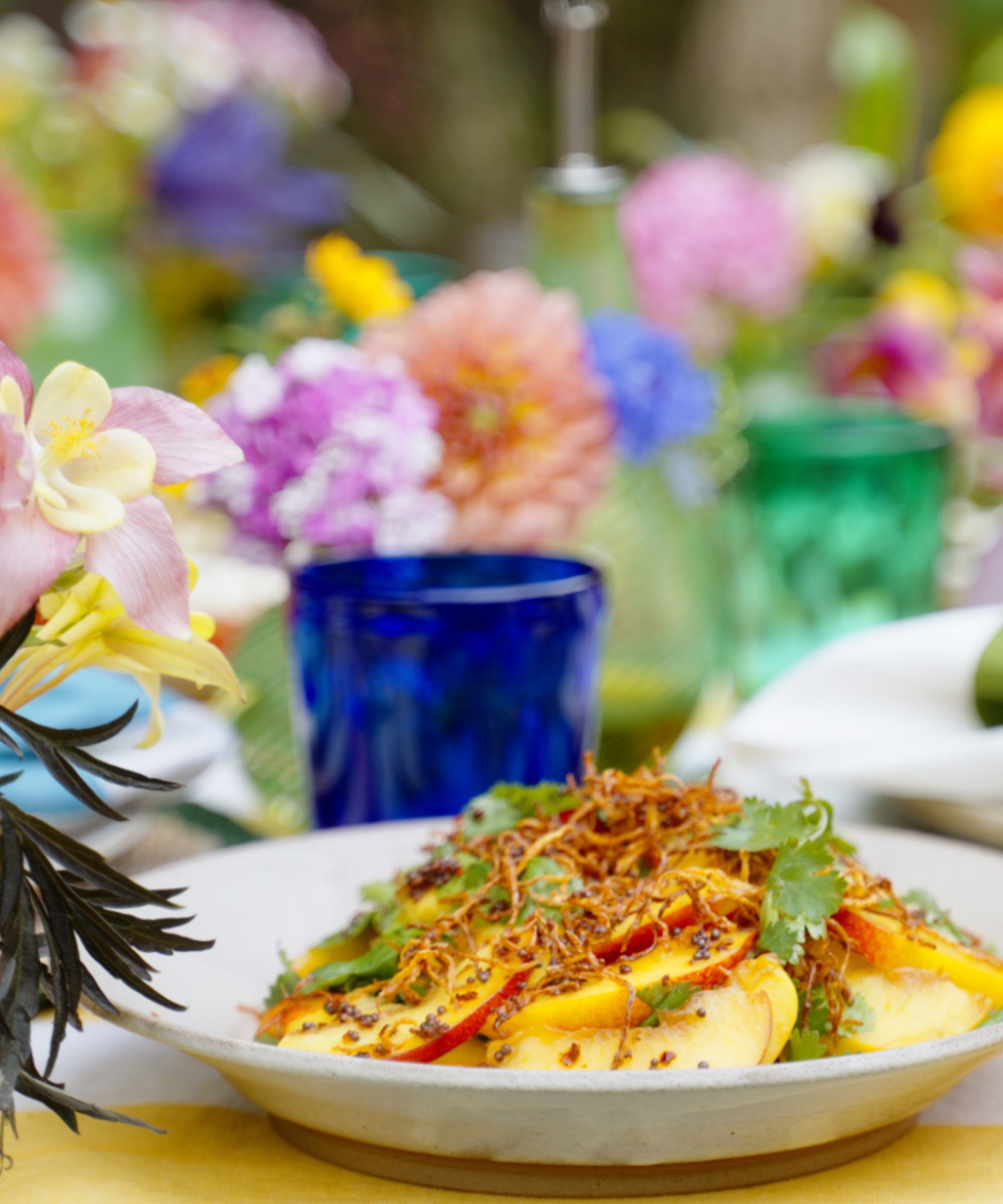 Bowl of nectarine salad with ginger and cilantro on top, and colorful table