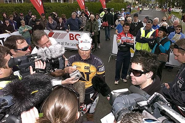 Tour winner Bernard Sulzberger is interviewed by local media in Westbury after the final stage.