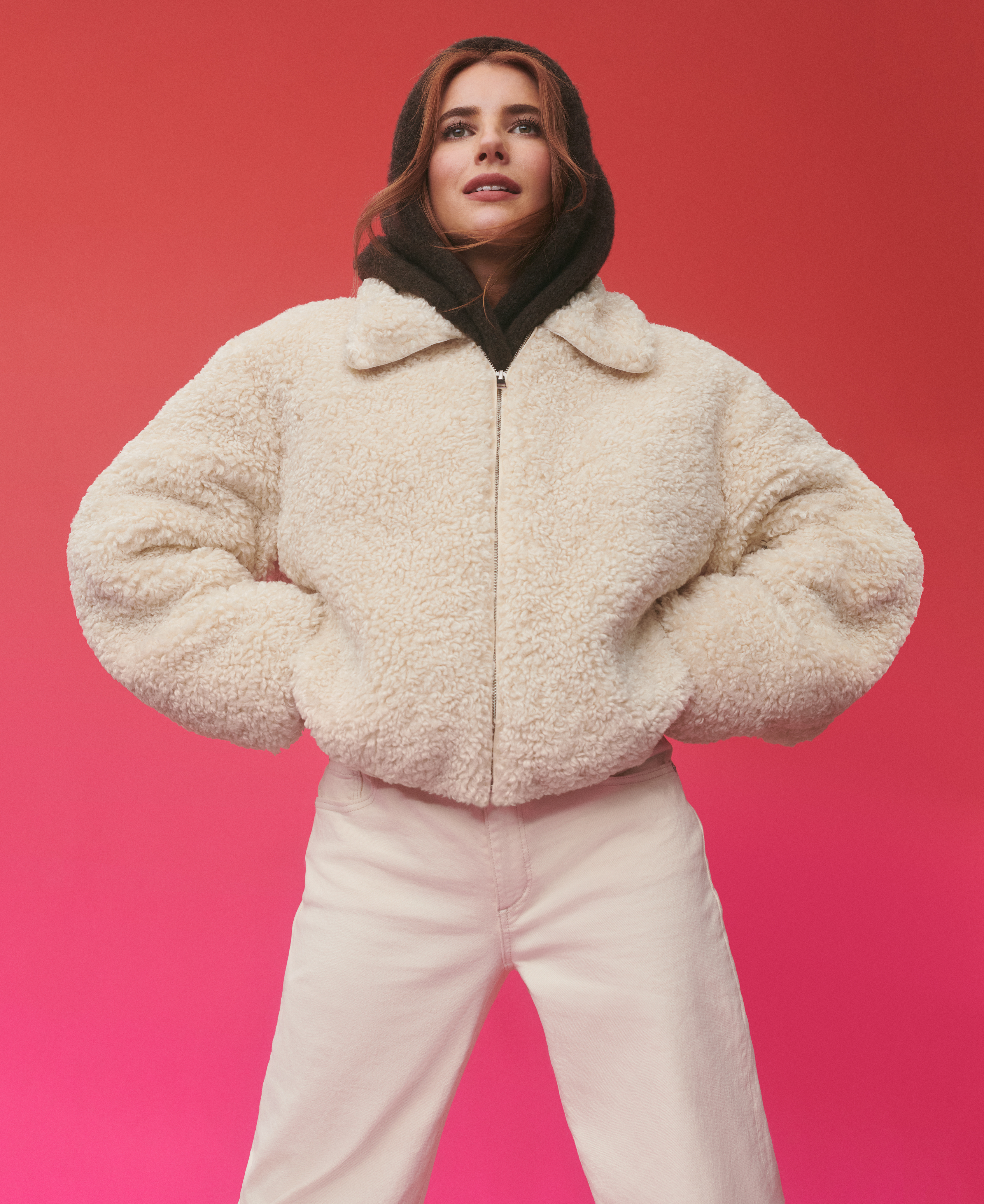 Emma Roberts in a cozy jacket.