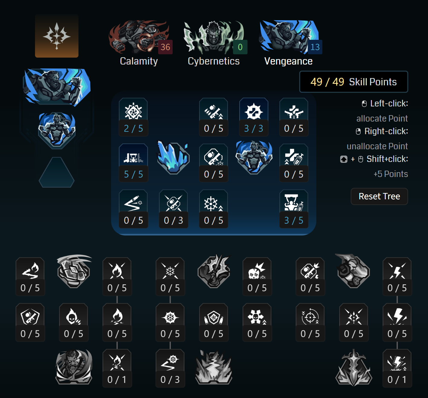 Borderlands 4 Amon builds: A screenshot of Amon's Vengeance tree for the One-Punch Man build from Maxroll's builder.
