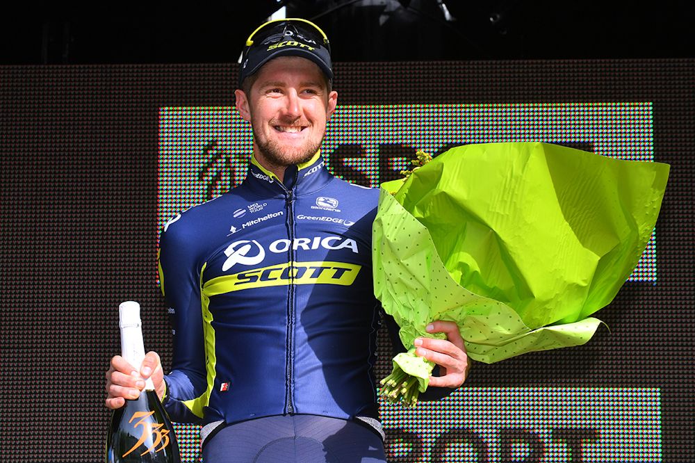 Luke Durbridge on the stage 3b podium at De Panne