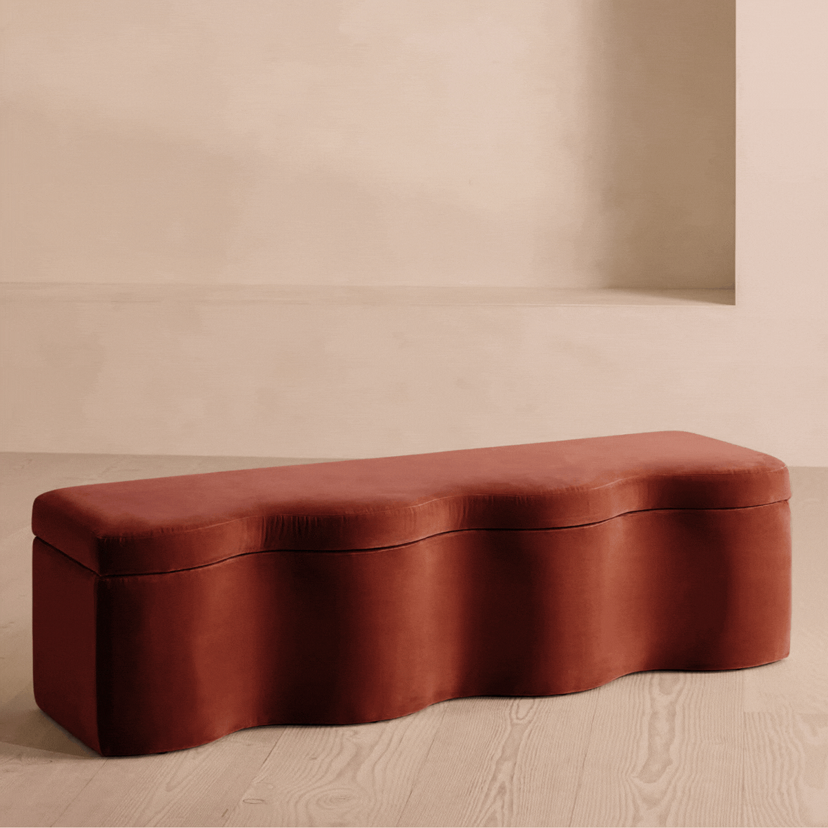 A velvet rust bench with storage