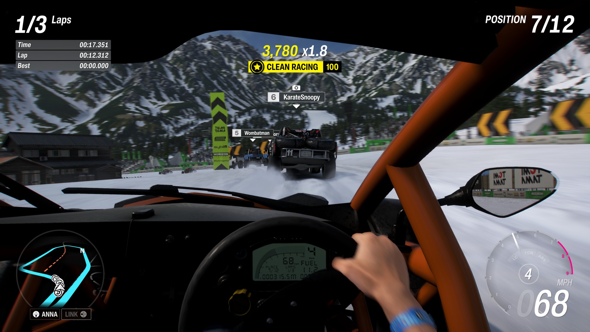 Being rewarded for clean racing while driving through the snow in fist-person in Forza Horizon 6
