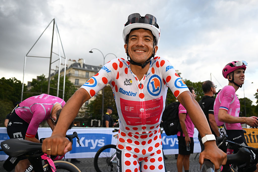 PARIS, FRANCE - JULY 26: Richard Carapaz of Ecuador and Team EF Education - EasyPost - Polka Dot Mountain Jersey reacts after the 113th Tour de France 2026, Stage 21 a 89km stage from Paris to Paris / #UCIWT / on July 26, 2026 in Paris, France. (Photo by Tim de Waele/Getty Images)