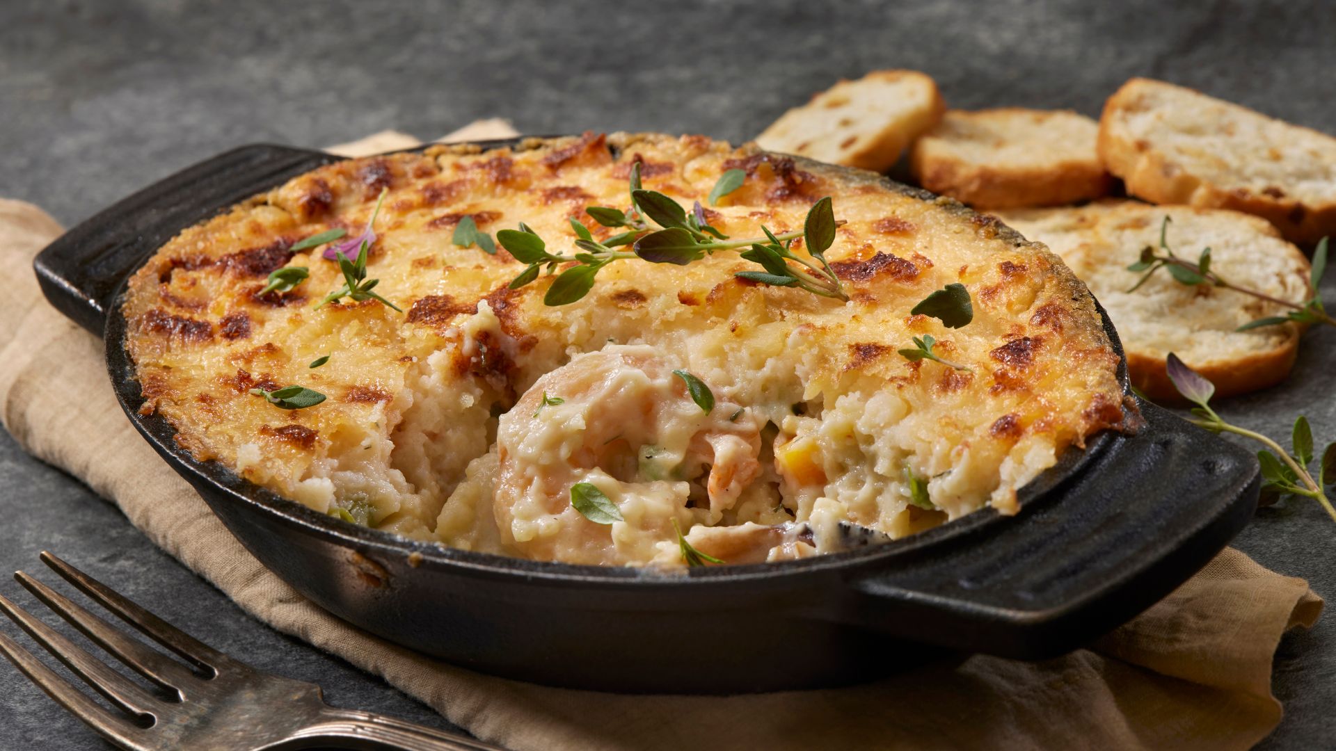 Fish pie in a casserole dish
