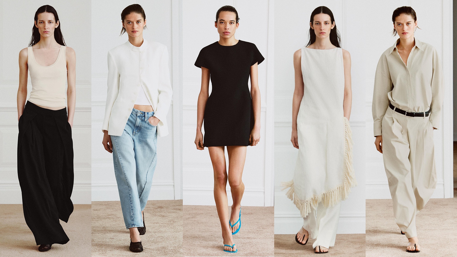 Fashion collage of Zara ZW Collection models wearing spring and summer 2026 outfits that look like The Row, Khaite, and Toteme.