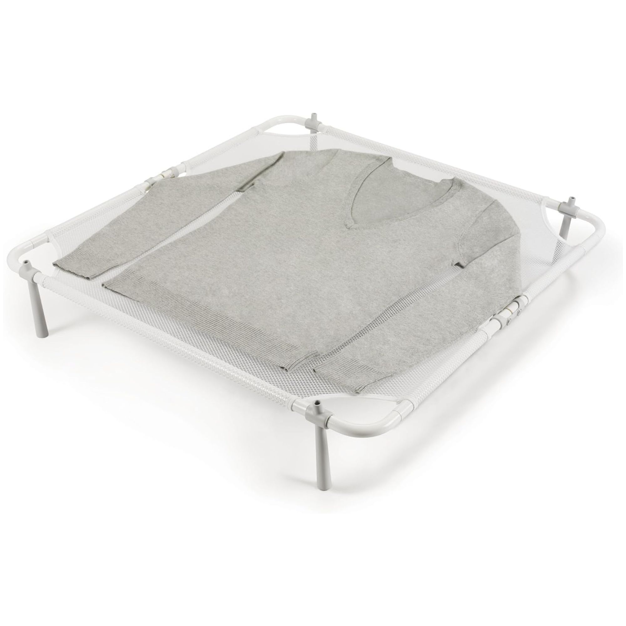 A white sweater drying rack with a grey v-neck sweater drying flat on top.