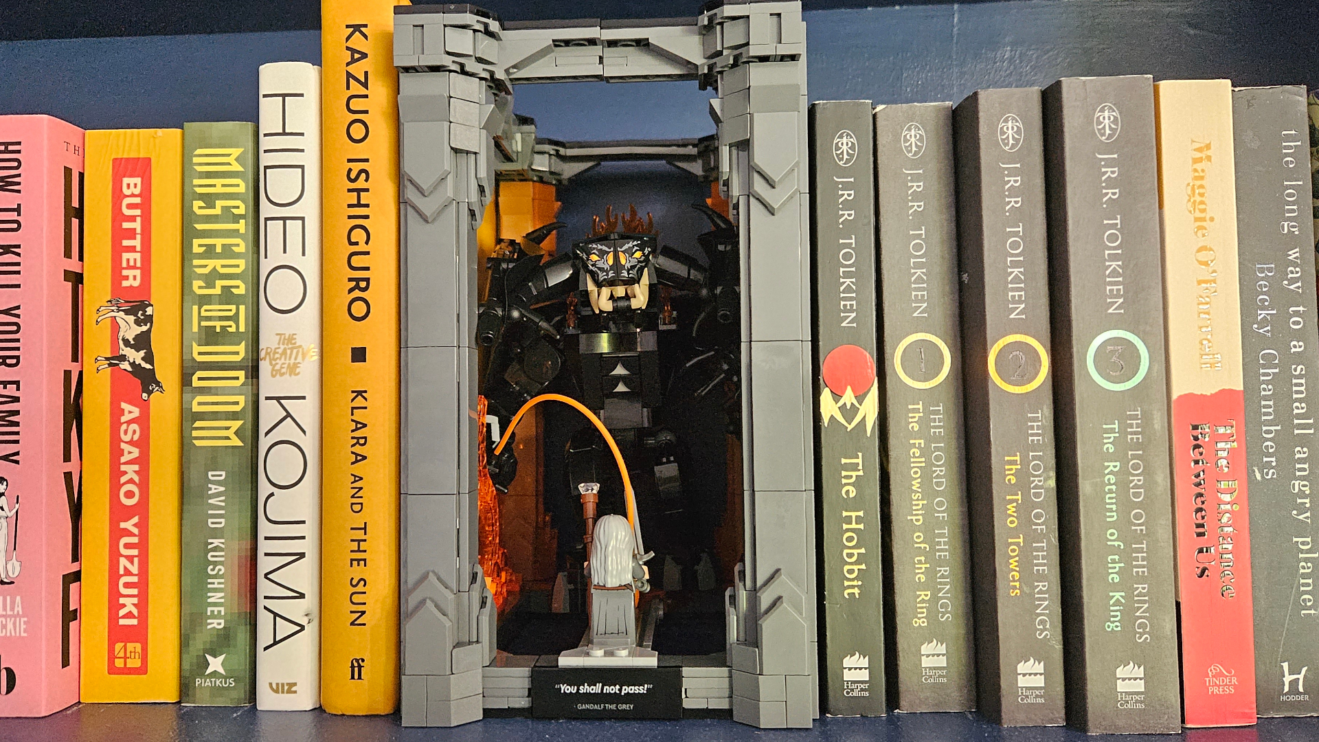 Lego Balrog Book Nook set between books