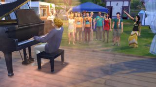 A Sim version of Glass Animals frontman Dave Bayley plays the piano on stage in front of a group of Sims.