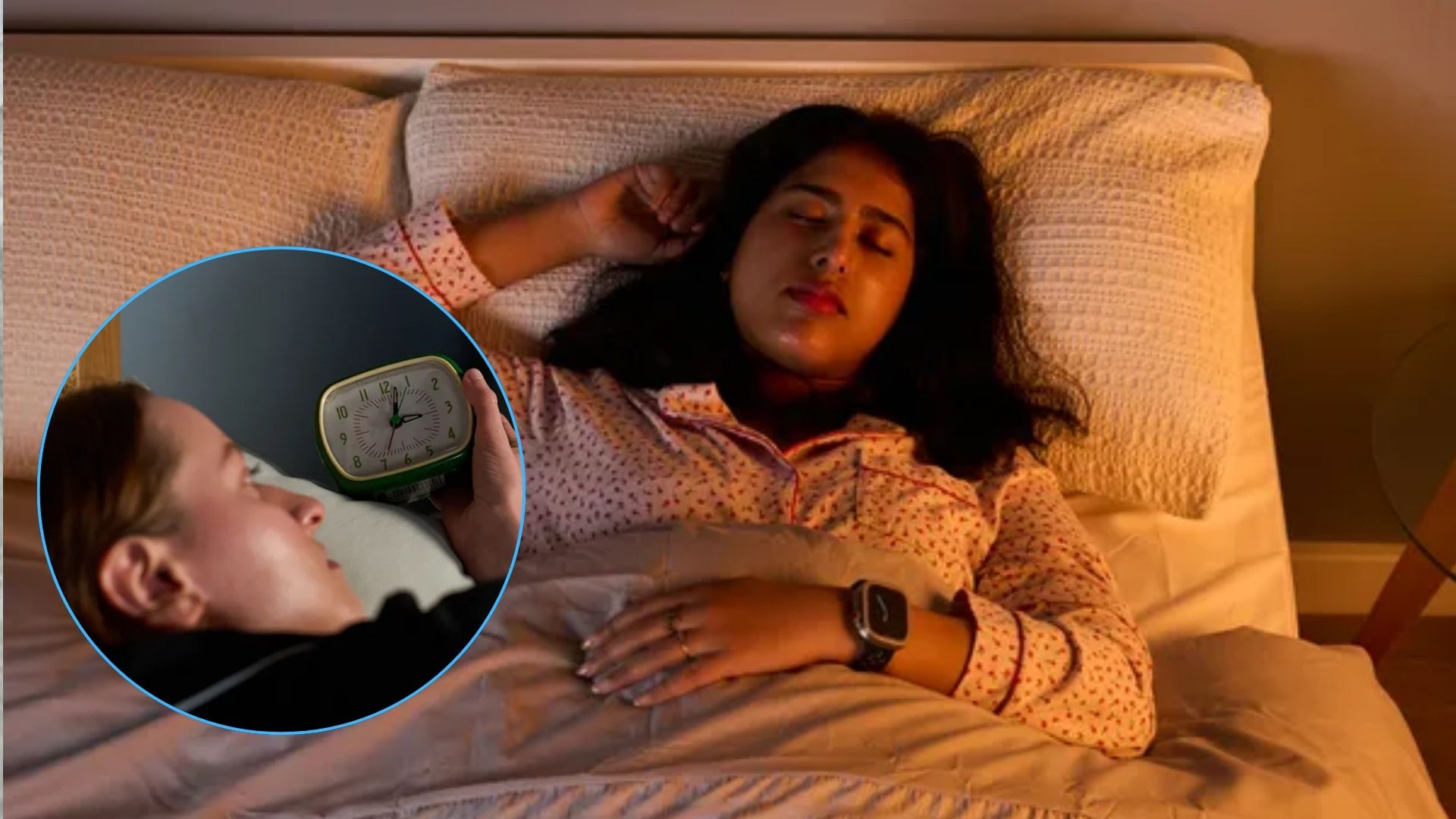 The image shows a dark haired woman wearing pink pyjamas sleeping in bed. Inset to the left, a dark haired woman is awake in bed, holding a clock in her hand that shows the time is 3 a.m.