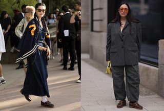 A collage of two woman wearing brown boat shoes. One woman wears them with a denim dress, socks, and jacket. The other woman wears them with trousers, a blazer, and a bag.