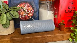 Sonos Roam on kitchen shelf with plants, cookbook and tea/sugar