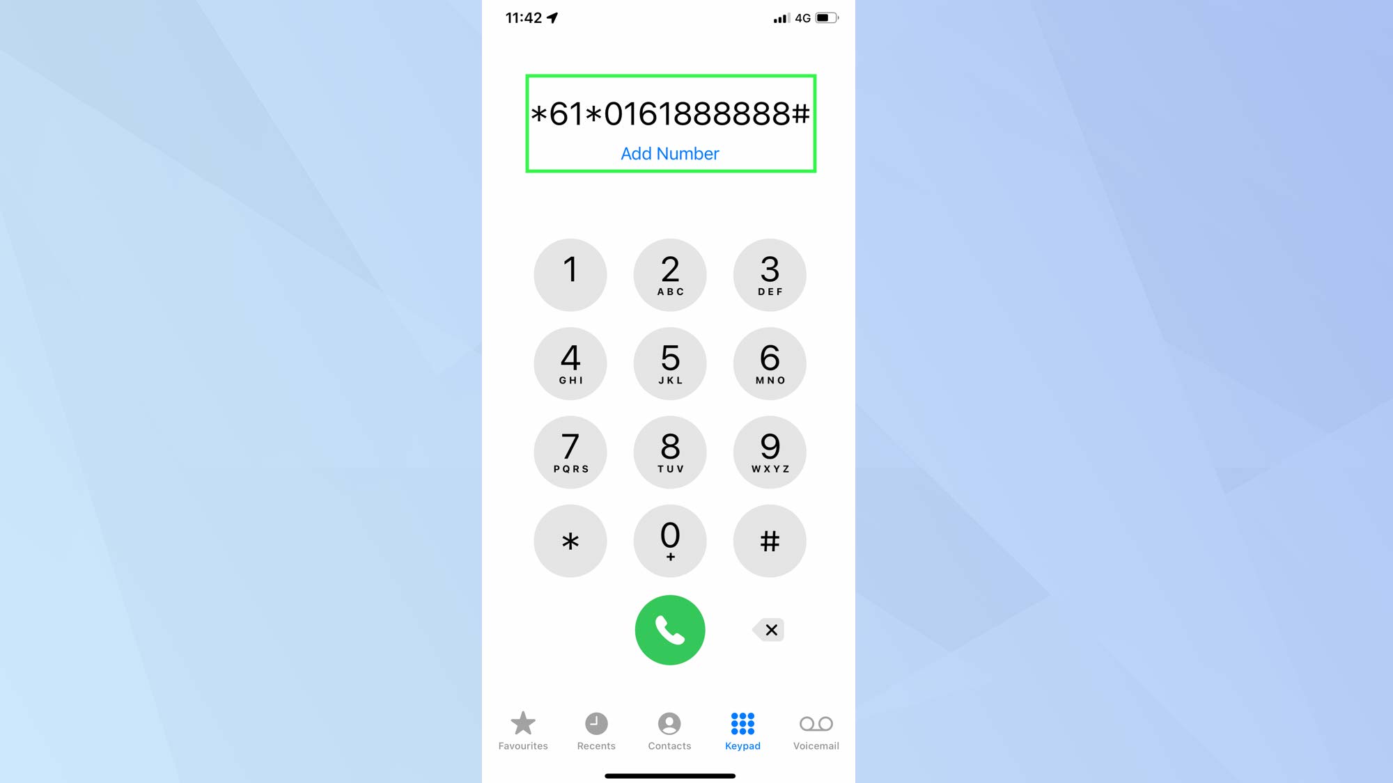 Снимок экрана с iPhone, показывающий приложение для телефона с кодом для переадресации звонков.