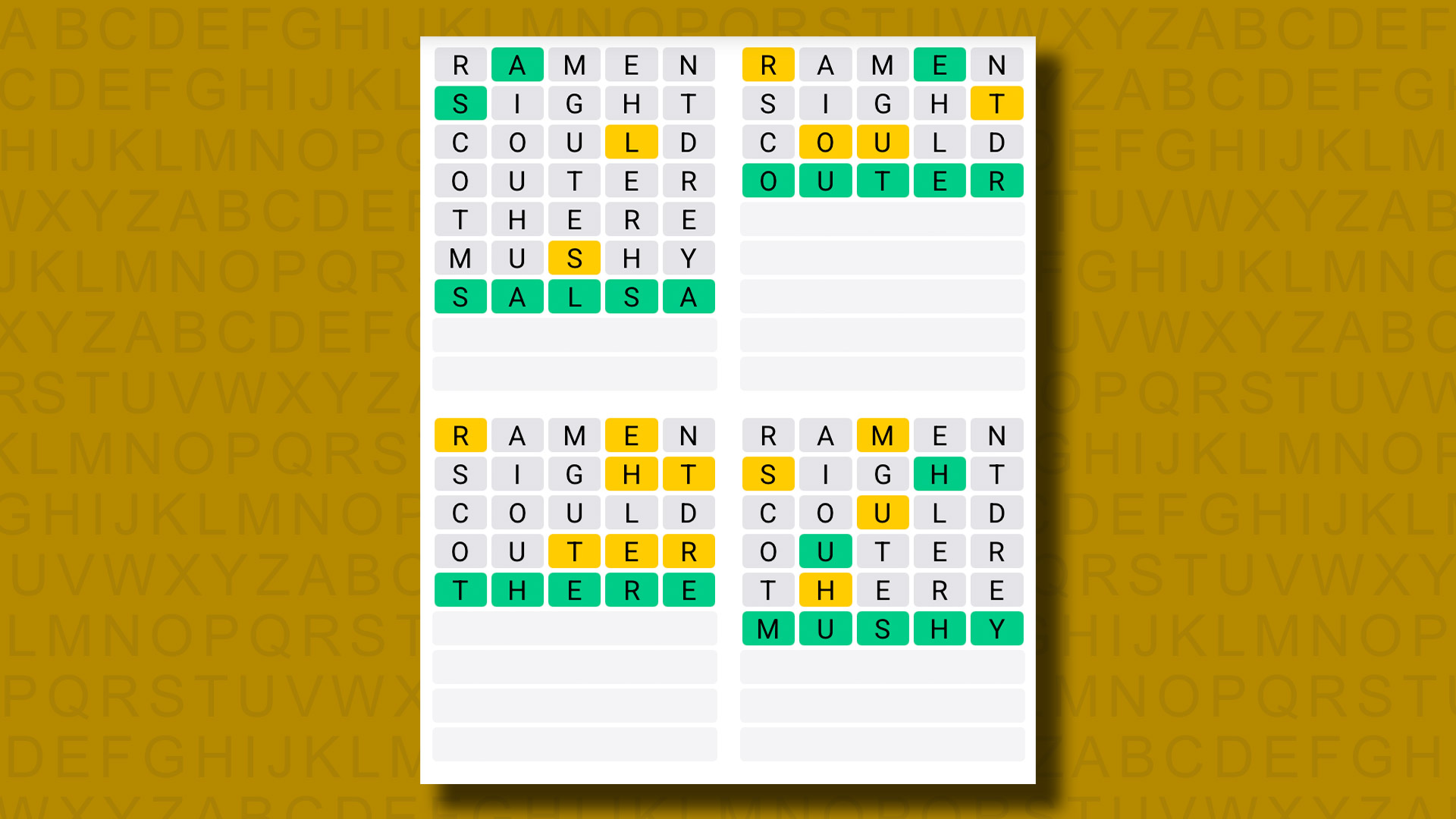 Quordle answers for game 1332 on a yellow background