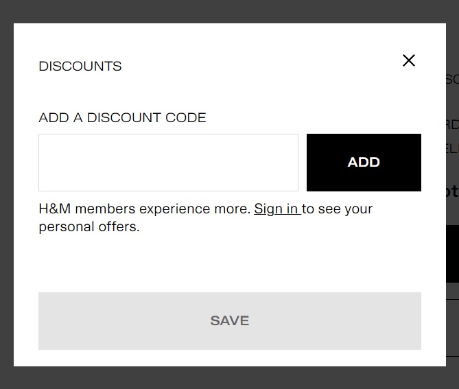 Promo code box on the H&M website