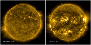 The picture on the left shows a calm sun from October 2010. The right side, from October 2012, shows a much more active and varied solar atmosphere as the sun moves closer to peak solar activity, which arrived in 2013.