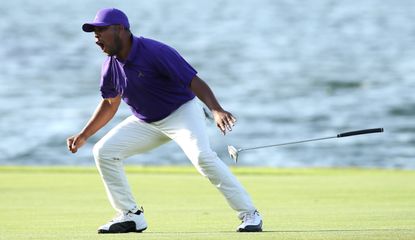 Varner III celebrates a putt 