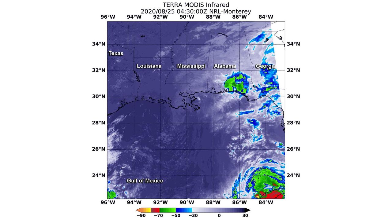 Marco weakened into a post-tropical cyclone on Aug. 25, 2020. NASA's Terra satellite captured this infrared image that day at 12:30 a.m. EDT (0430 GMT).